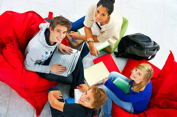istock High angle view of students sitting together 145920354