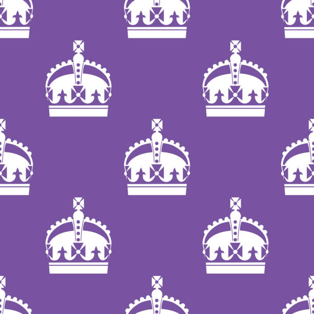 бесшовный узор с белым силуэтом короны на фиолетовом фоне. - british empire stock illustrations