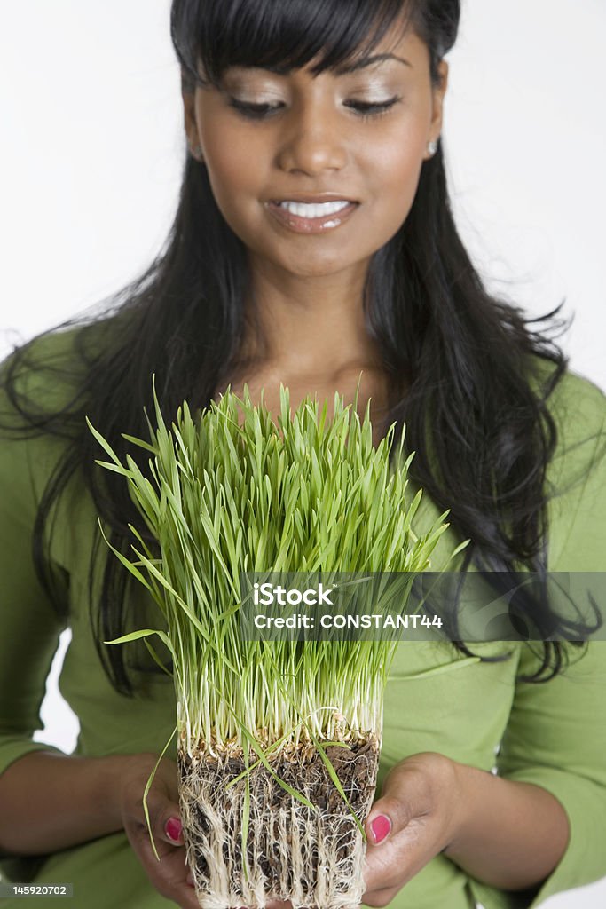 Młody indyjski kobieta Patrząc na partii zielonej trawie - Zbiór zdjęć royalty-free (20-29 lat)