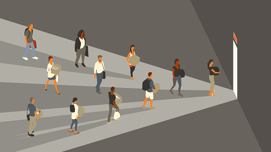11 people walk through a large, dark room towards the exit door, which lights up the scene in a dramatic way. People carry boxes and various bags, indicating that they are relocating or have been laid off from work. Vector illustration uses a limited palette of flat colors and is presented in a 16x9 format.