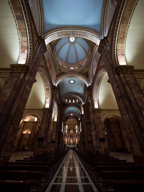 Interior inside of romanesque gothic baroque byzantine revival catholic christian New Cathedral of Cuenca Azuay Ecuador stock photo