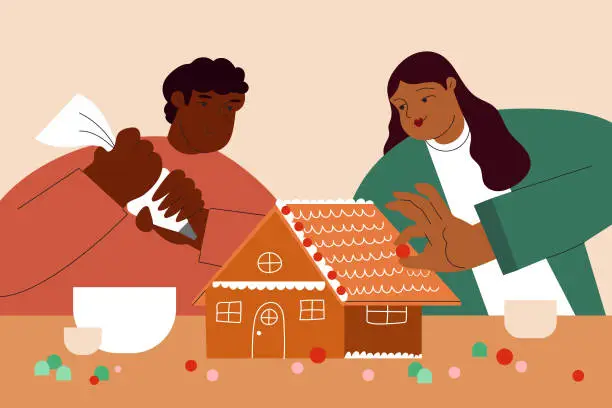 Vector illustration of A Multiracial Couple Decorates a Gingerbread House Together for Christmas