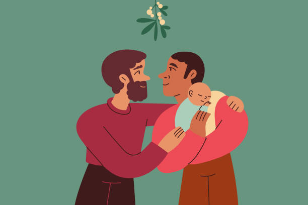 Two Gay Dads Look Lovingly at Each Other Under Mistletoe While Holding Their Child Two gay dads look lovingly at each other under mistletoe while holding their baby child diverse family christmas stock illustrations
