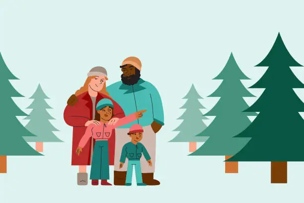Vector illustration of A Happy Mixed Race Family Chooses a Christmas Tree at Christmas Tree Farm