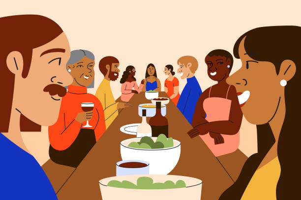 ilustraciones, imágenes clip art, dibujos animados e iconos de stock de un grupo multirracial de amigos se reúne para una cena navideña - red wine illustrations