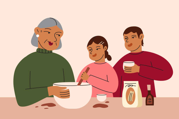 ilustraciones, imágenes clip art, dibujos animados e iconos de stock de una abuela y sus dos nietos felizmente hornean juntos en la cocina - cake birthday domestic kitchen child