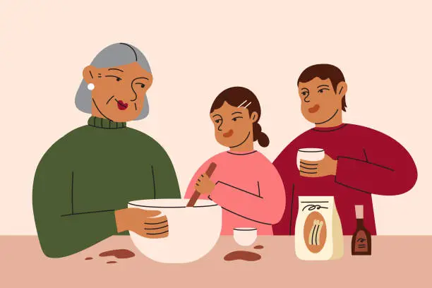Vector illustration of A Grandmother and Her Two Grandchildren Happily Bake Together in Kitchen