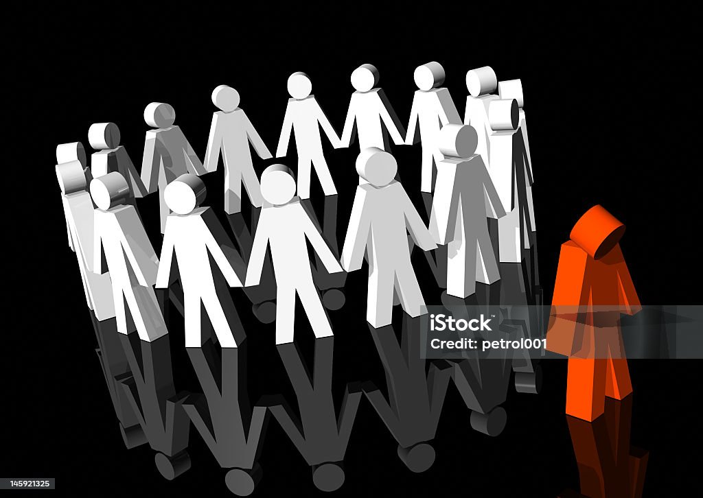 An example of a model being excluded 3d rendering of white men excluding a red man Apartheid Stock Photo