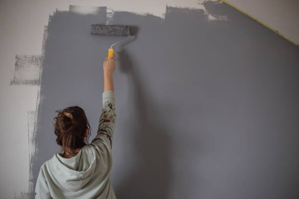 Young pretty woman is painting interior wall of her home. stock photo
