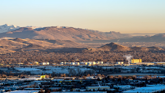 Aerial View of the Sparks, Nevada Industrial Area with the Petroleum Tank Farm, Railway, and warehousing.