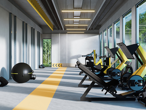 Gym room fitness center interior with equipment and machines.3d rendering
