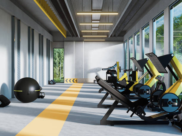 Gym room fitness center interior with equipment and machines. Gym room fitness center interior with equipment and machines.3d rendering luxury hotel stock pictures, royalty-free photos & images
