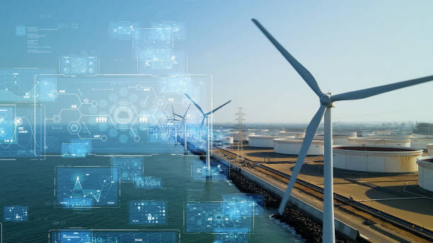 istock Wind power plant and technology. Smart grid. Renewable energy. Sustainable resources. 1459218849