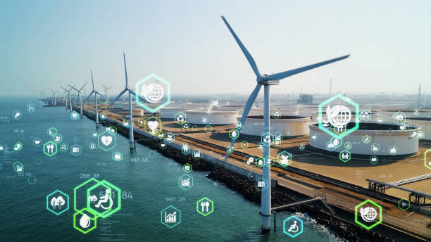 istock Wind power plant and technology. Smart grid. Renewable energy. Sustainable resources. 1459218951