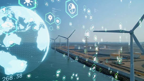istock Wind power plant and technology. Smart grid. Renewable energy. Sustainable resources. 1459219061
