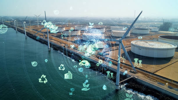 istock Wind power plant and technology. Smart grid. Renewable energy. Sustainable resources. 1459219114