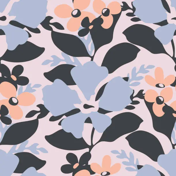 Vector illustration of Vector floral seamless pattern. Blue and beige flowers