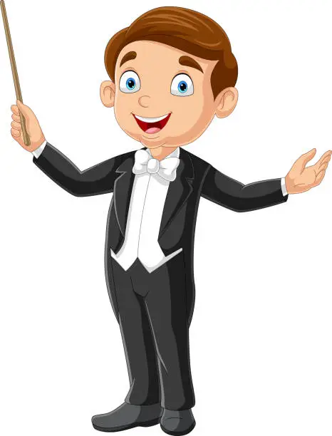 Vector illustration of Cartoon boy conductor directing with baton