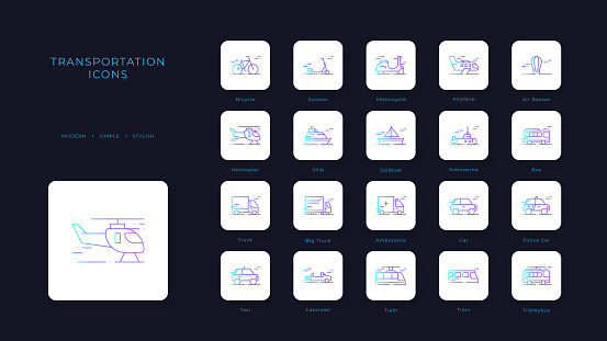 Transportation icon collection with blue gradient outline style. Vehicle, symbol, transport, line, outline, travel, automobile, editable, pictogram, isolated, flat. Vector illustration