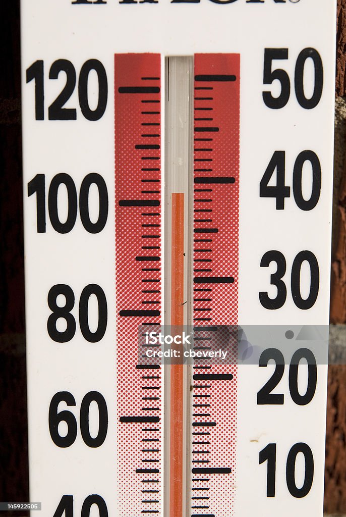 Thermometer displaying 100+ degrees Number 100 Stock Photo