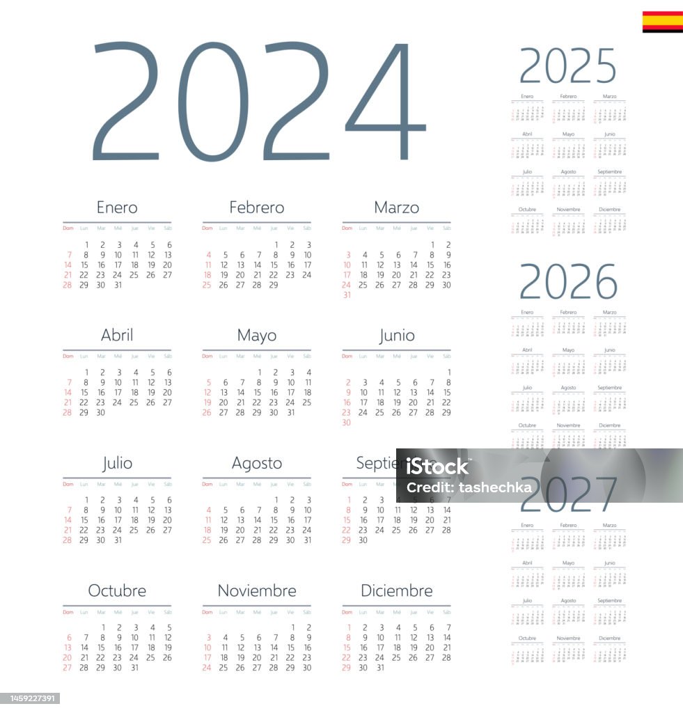 Spanish Calendar 2025 2025 2026 2027 Week Starts On Sunday Stock