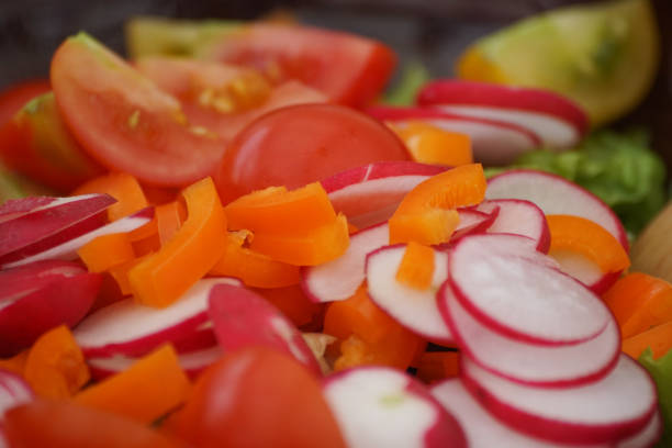 A close up of fresh chopped vegetables