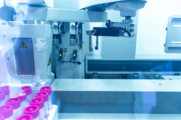 istock Robot arm with test tube for biological experiments in laboratory 1459229078
