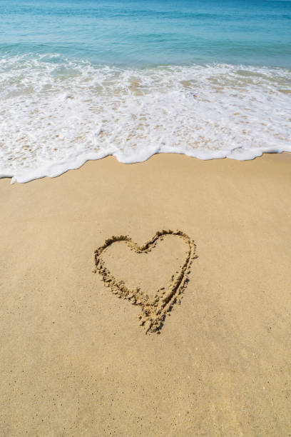 istock heart drawn in the sand on the beach. Romantic design element. 1459229995