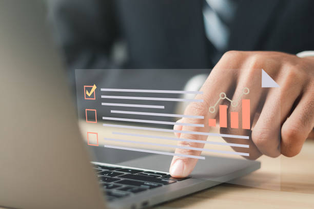istock Survey form concept. Questionnaire with checkboxes, filling survey form online, answer questions of test. Education futuristic technology and learning concept. 1459234321
