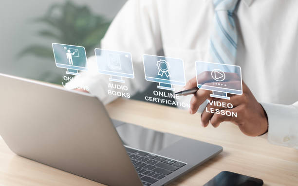 istock Education internet Technology. Person who attends online lessons on a digital screen. Education on internet, e-learning concept. 1459234361