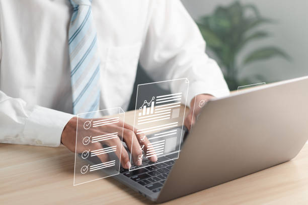 istock Survey form concept. Questionnaire with checkboxes, filling survey form online, answer questions of test. Education futuristic technology and learning concept. 1459234431