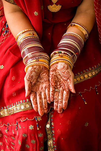 istock Two hands with henna tattoo with traditional attire 145923726