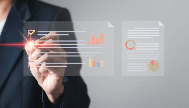 istock Survey form concept. Questionnaire with checkboxes, filling survey form online, answer questions of test. Education futuristic technology and learning concept. 1459237499