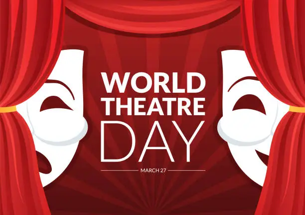 Vector illustration of World Theatre Day on March 27 Illustration with Masks and to Celebrate Theater for Web Banner or Landing Page in Flat Cartoon Hand Drawn Templates