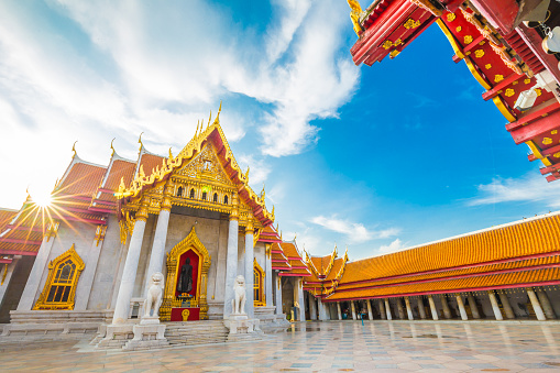 Wat Benchamabophit temple of Marble Temple blue sky with cloud, located in Bangkok, Thailand
