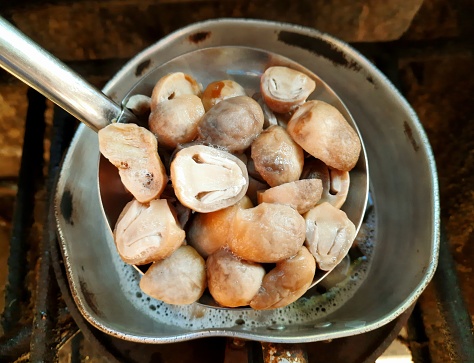 Boiling Mushrooms in pot - food preparation.