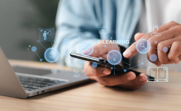 istock Education on internet, e-learning concept. Person who attends online lessons on a digital screen. Education internet Technology. 1459244910