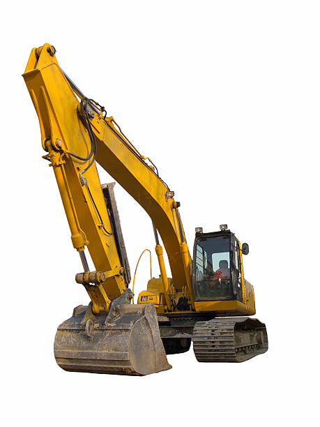 Yellow excavator construction vehicle on a white background stock photo