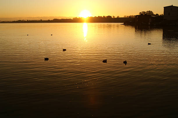 sunrise over a lake stock photo