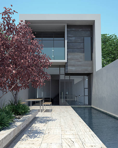 Luxury modern home with pool Modern architecture in sunny setting (house was computer-modeled and rendered so no property release here.) clad stock pictures, royalty-free photos & images