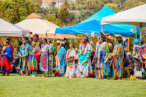 Malibu, California, USA - April 9, 2022. Powwow.  Native Americans dressed in full regalia.  Chumash Day Powwow and Intertribal Gathering.