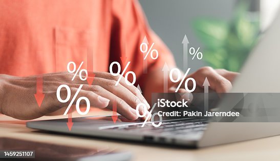 istock Percentage icons and up and down arrow icons with graph indicators on interface icons. Concept of financial interest rates and mortgage rates. Interest Rates Stocks Finance Ratings Mortgage Rates. 1459251107