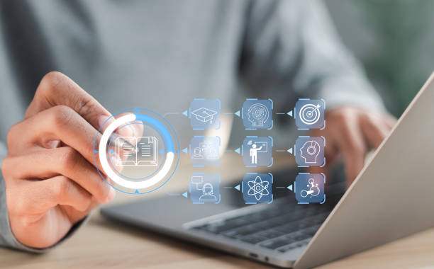 istock Education on internet, e-learning concept. Person who attends online lessons on a digital screen. Education internet Technology. 1459251165