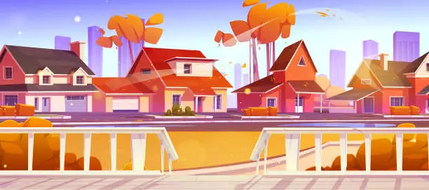 Vector illustration of Autumn street with cottages from house terrace