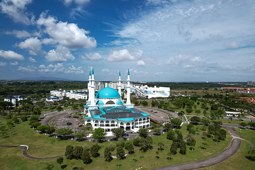 Aerial view of Masjid Sultan Iskandar, Bandar Baru Dato' Onn, Johor Bahru, Johor, Malaysia. Tourism Mosque. Islamic Information Centre.