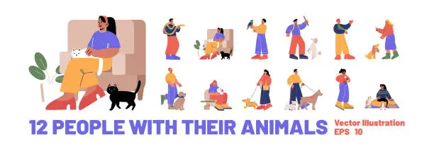 Vector illustration of Set of people with pets, characters with animals