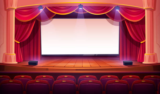 Movie theater with white screen, curtains, seats Movie theater with white screen, wooden stage, red curtains, spotlights, columns and auditorium chairs. Empty theatre interior with blank cinema screen, seats, vector cartoon illustration stage performance space stock illustrations