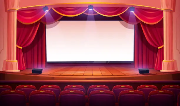 Vector illustration of Movie theater with white screen, curtains, seats