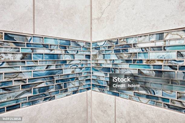Shower Blue Mosaic Detail Stock Photo - Download Image Now - Bathroom, Tile, Wall - Building Feature