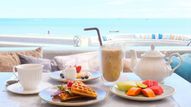 istock Beautiful morning on beach of beachfront hotel breakfast 1459254576